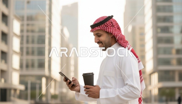 رجل سعودي يستخدم الهاتف الذكي في منطقة أعمال حديثة