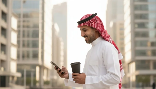 Saudi Man Using Smartphone in Modern Business District