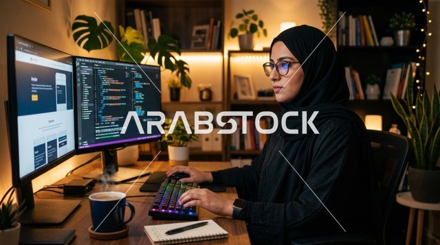 مبرمجة عربية محجبة تعمل في مكتب منزلي ليلاً