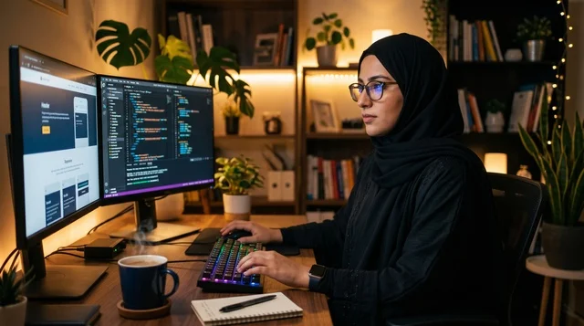 Muslim Woman Programmer Working in Home Office at Night