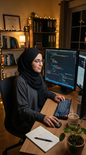 Arab Hijabi Female Programmer Working in Home Office