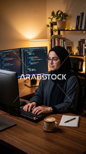 Muslim Woman Programmer Coding in Home Office Setup