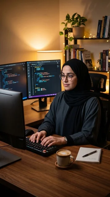 مبرمجة عربية محجبة تعمل على تطوير البرمجيات في المنزل