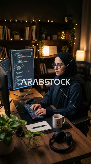 مبرمجة عربية محجبة تعمل بتركيز في مكتب منزلي ليلاً
