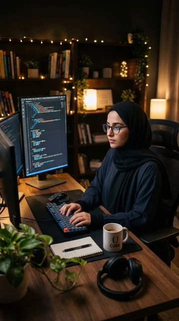 Muslim Female Programmer Working in Home Office at Night