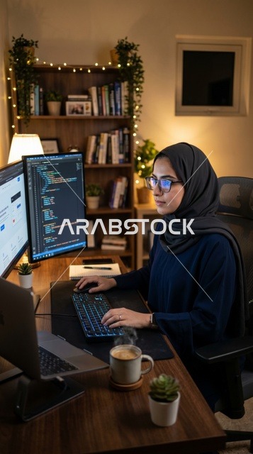 مبرمجة عربية محجبة تعمل في مكتب منزلي