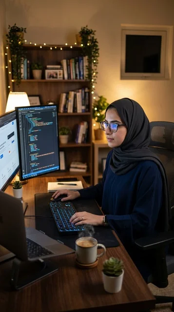 مبرمجة عربية محجبة تعمل في مكتب منزلي