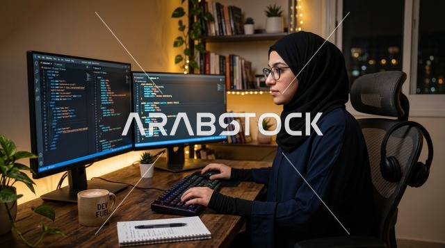 مبرمجة عربية محجبة تعمل في مكتب منزلي على البرمجة