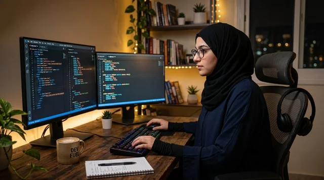 Hijab Female Programmer Working at Home Office Desk