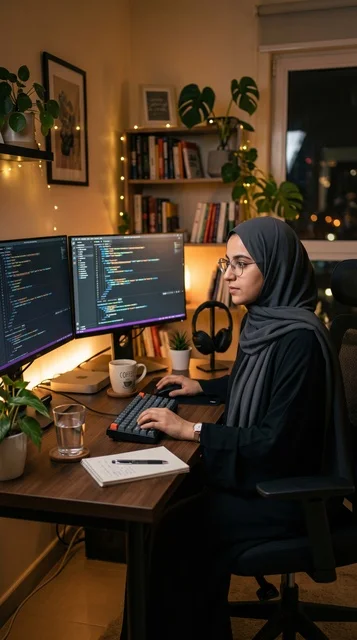 مبرمجة عربية محجبة تعمل في مكتب منزلي