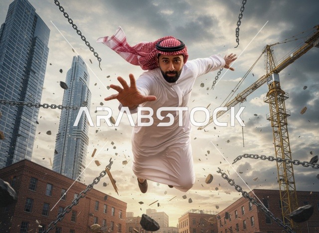 رجل سعودي بالثوب يطير في مدينة مع سلاسل مكسورة