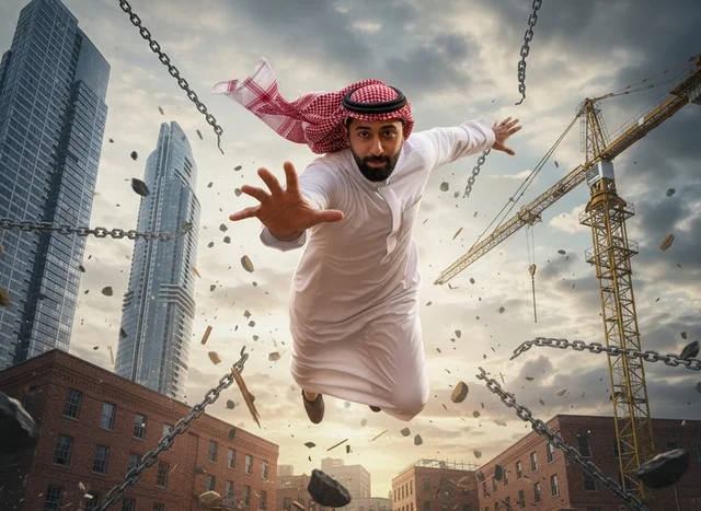 Saudi Man in Thobe Flying Through City with Broken Chains