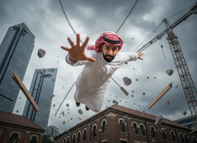 رجل سعودي يحلق في موقع بناء حضري مع حطام متطاير