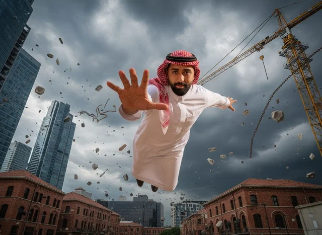 Saudi Man in Traditional Dress Flying Over City Site