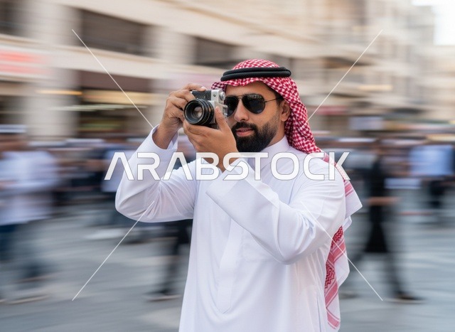 مصور عربي مع كاميرا في شارع المدينة بضبابية الحركة