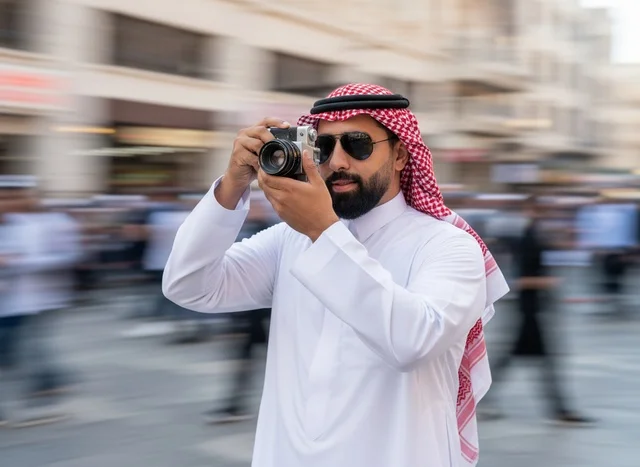 Arab Photographer with Camera in Motion Blur City Street