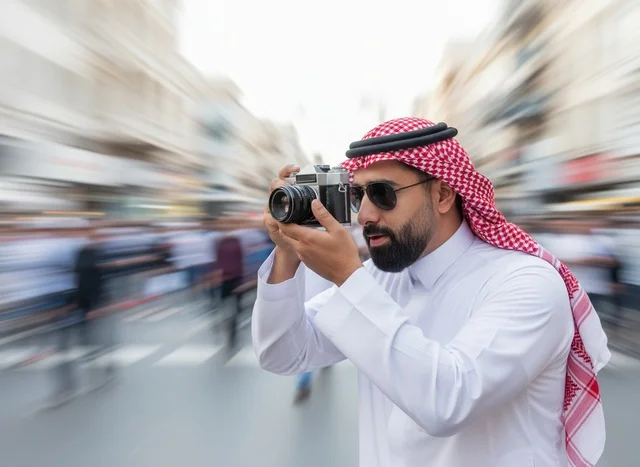 Saudi Man in Traditional Dress Using Camera on Street