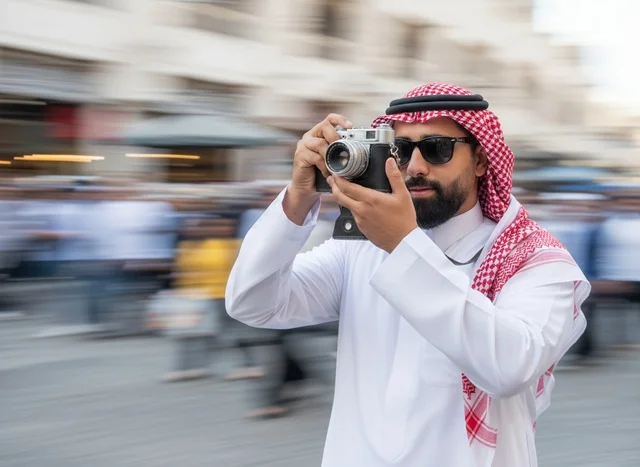 Saudi Man in Traditional Dress Taking Photo Outdoor