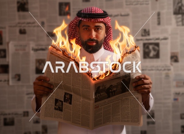 رجل سعودي يمسك صحيفة مشتعلة في الاستوديو