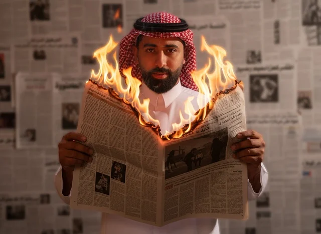 Saudi Man Holding Burning Newspaper in Studio