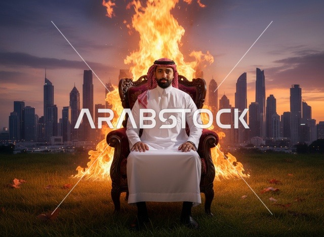رجل سعودي على العرش مع نيران وأفق مدينة