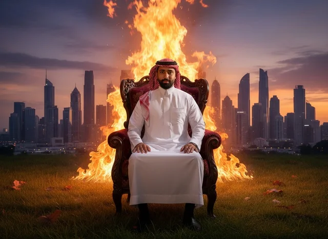 رجل سعودي على العرش مع نيران وأفق مدينة