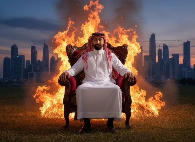 Saudi Man Sitting on Flaming Chair with City Skyline