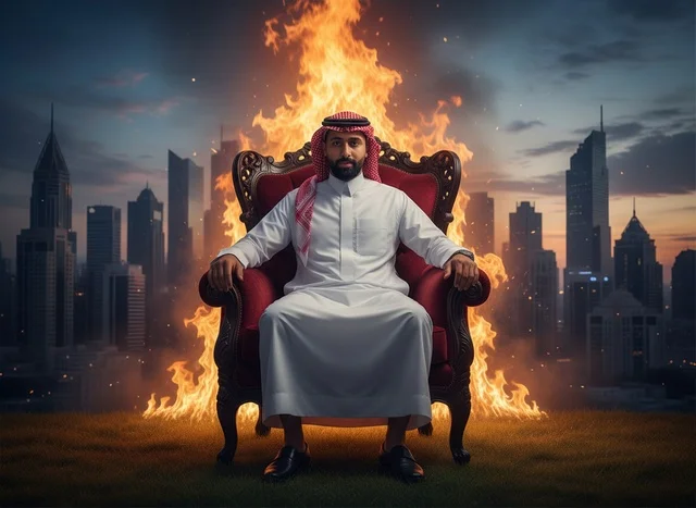 رجل سعودي على عرش ملكي مع لهب وأفق المدينة رجل سعودي على عرش ملكي مع لهب وأفق المدينة