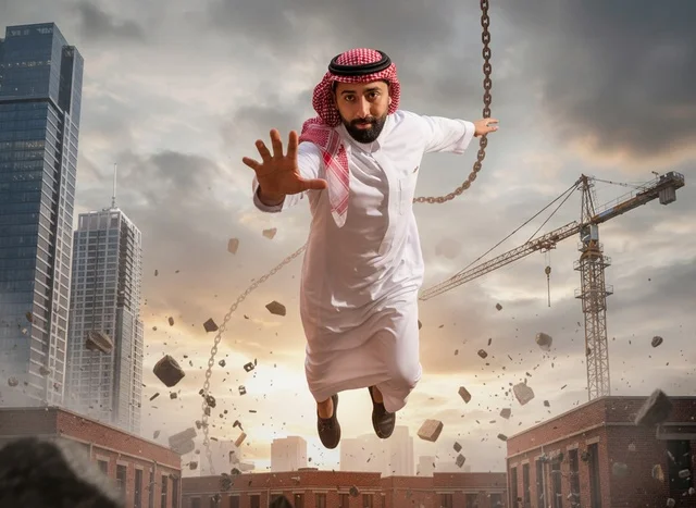 رجل سعودي يقفز في موقع بناء وسط المدينة