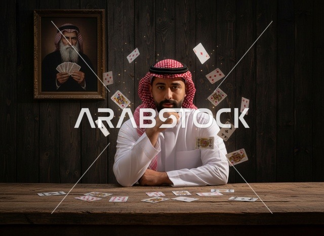رجل سعودي بزي تقليدي مع أوراق لعب عائمة