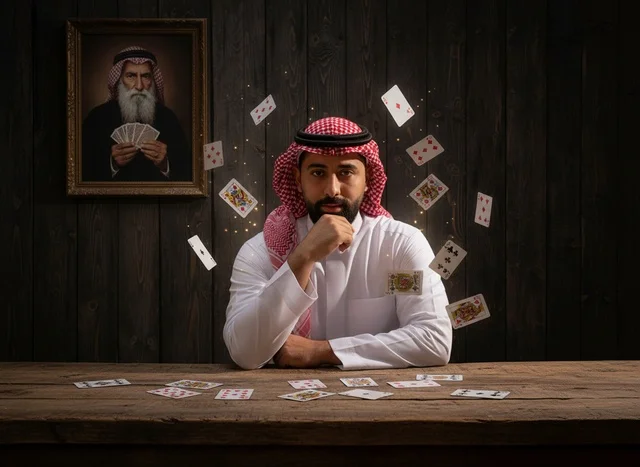 Saudi Man with Floating Playing Cards in Traditional Dress