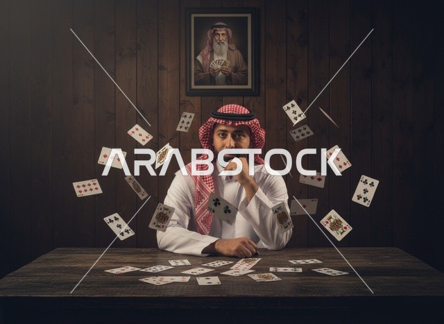 رجل سعودي بملابس تقليدية مع أوراق لعب متطايرة
