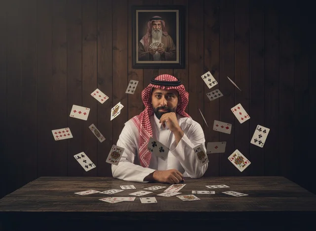 Saudi Man with Floating Playing Cards in Traditional Dress