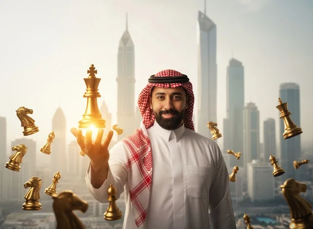 رجل أعمال سعودي مع ملك شطرنج ذهبي في مدينة حديثة