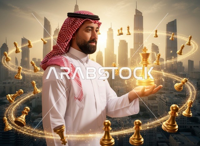 رجل سعودي مع قطعة شطرنج ذهبية في أفق مدينة حديثة