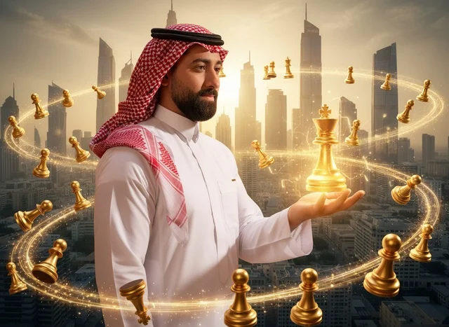 رجل سعودي مع قطعة شطرنج ذهبية في أفق مدينة حديثة