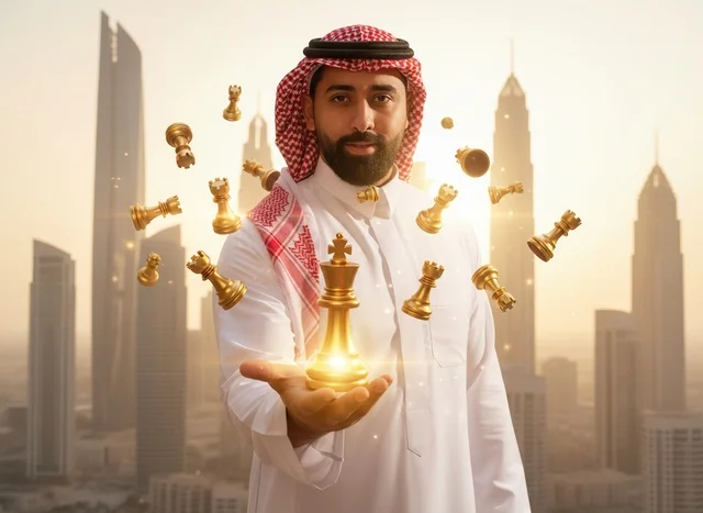Saudi Businessman Strategy Chess Middle East Skyline