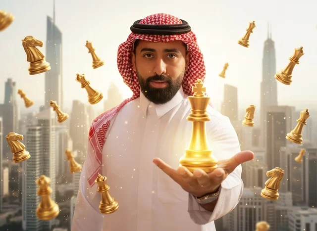 رجل سعودي يحمل ملك شطرنج ذهبي أمام أفق المدينة