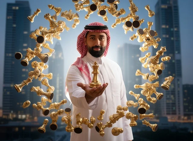Saudi Businessman Holding Golden Chess Piece in City