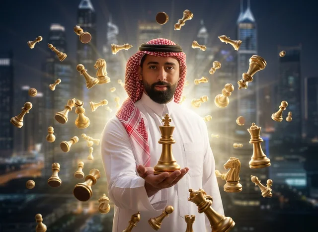رجل أعمال سعودي يحمل ملك الشطرنج الذهبي ليلاً