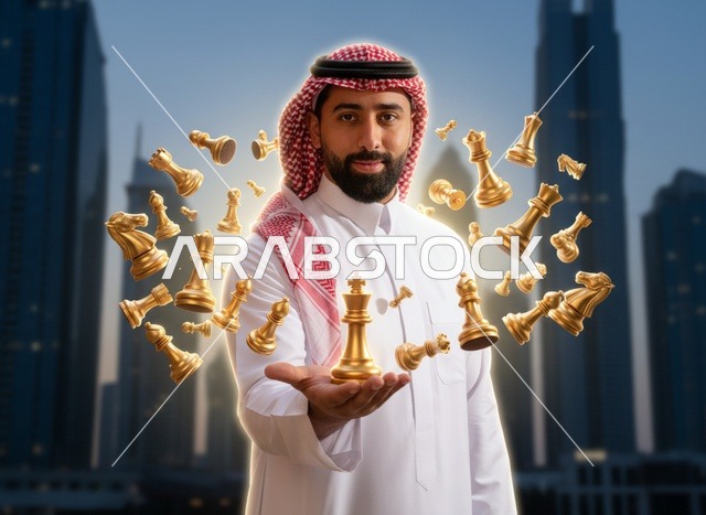 رجل سعودي مع استراتيجية الشطرنج الذهبية وأفق المدينة