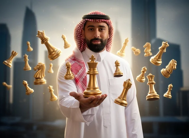 رجل سعودي يحمل ملك الشطرنج الذهبي مفهوم الاستراتيجية