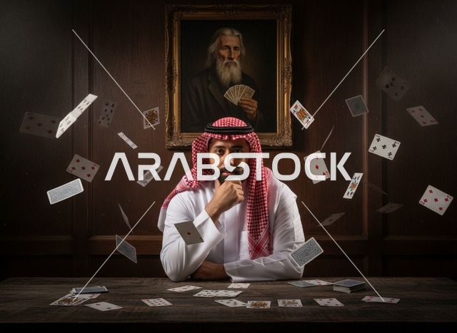 رجل سعودي يلعب الورق مع خدعة بصرية في غرفة مظلمة