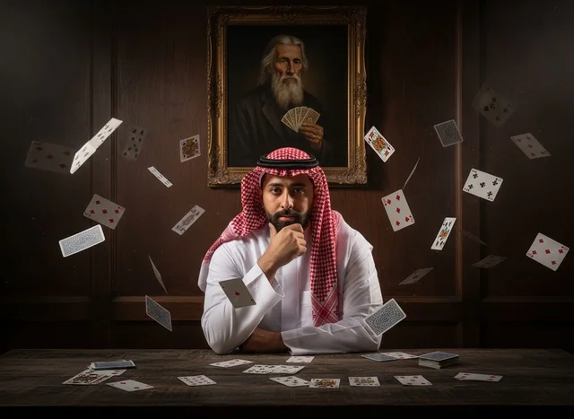 Saudi Man Playing Cards with Illusion in Dark Room