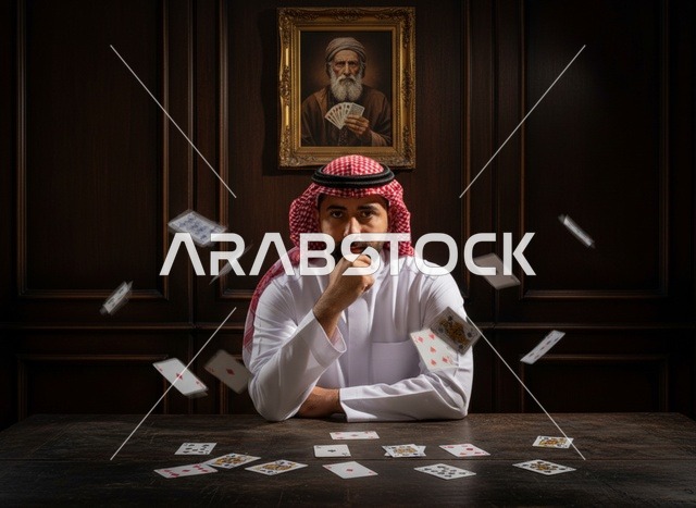رجل سعودي مع أوراق لعب متطايرة وإضاءة درامية