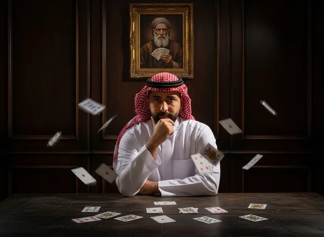 رجل سعودي مع أوراق لعب متطايرة وإضاءة درامية