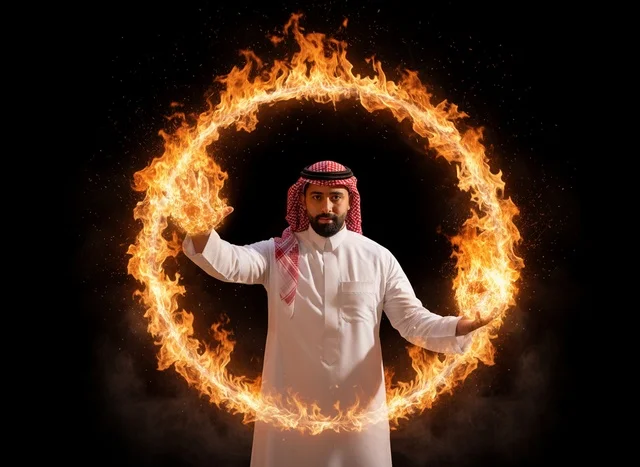 رجل سعودي بالزي التقليدي داخل حلقة من النار