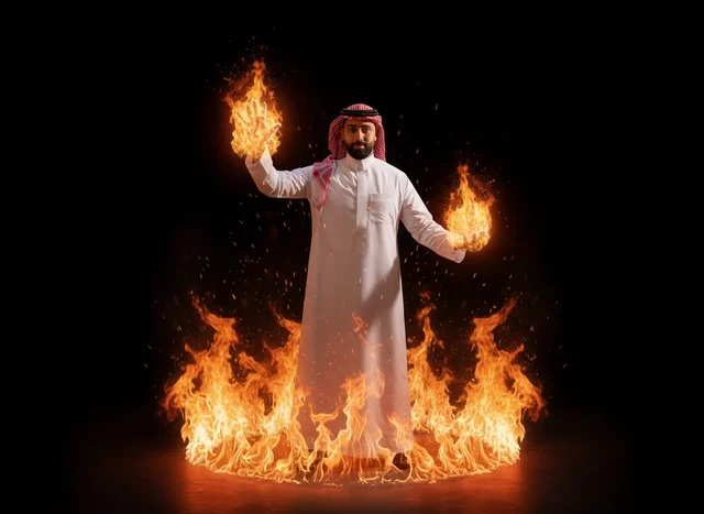 Saudi Man in Traditional Dress with Flames and Fire