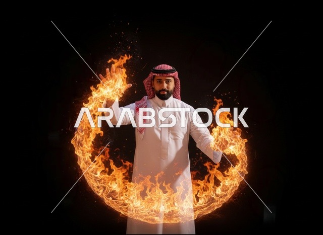 رجل سعودي بالثوب والشماغ وسط حلقة من النار