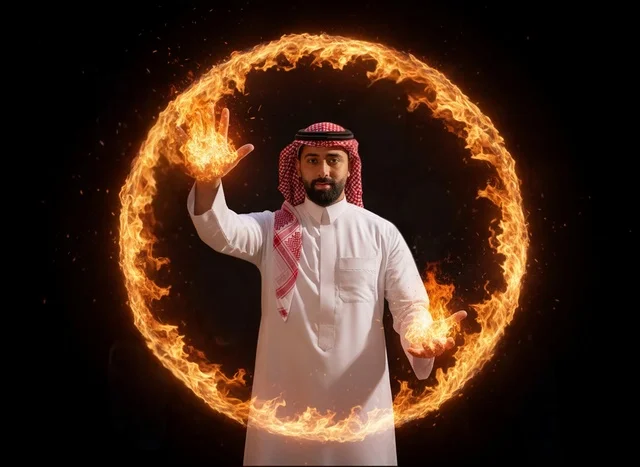 Saudi Man in Traditional Thobe Standing in Ring of Fire